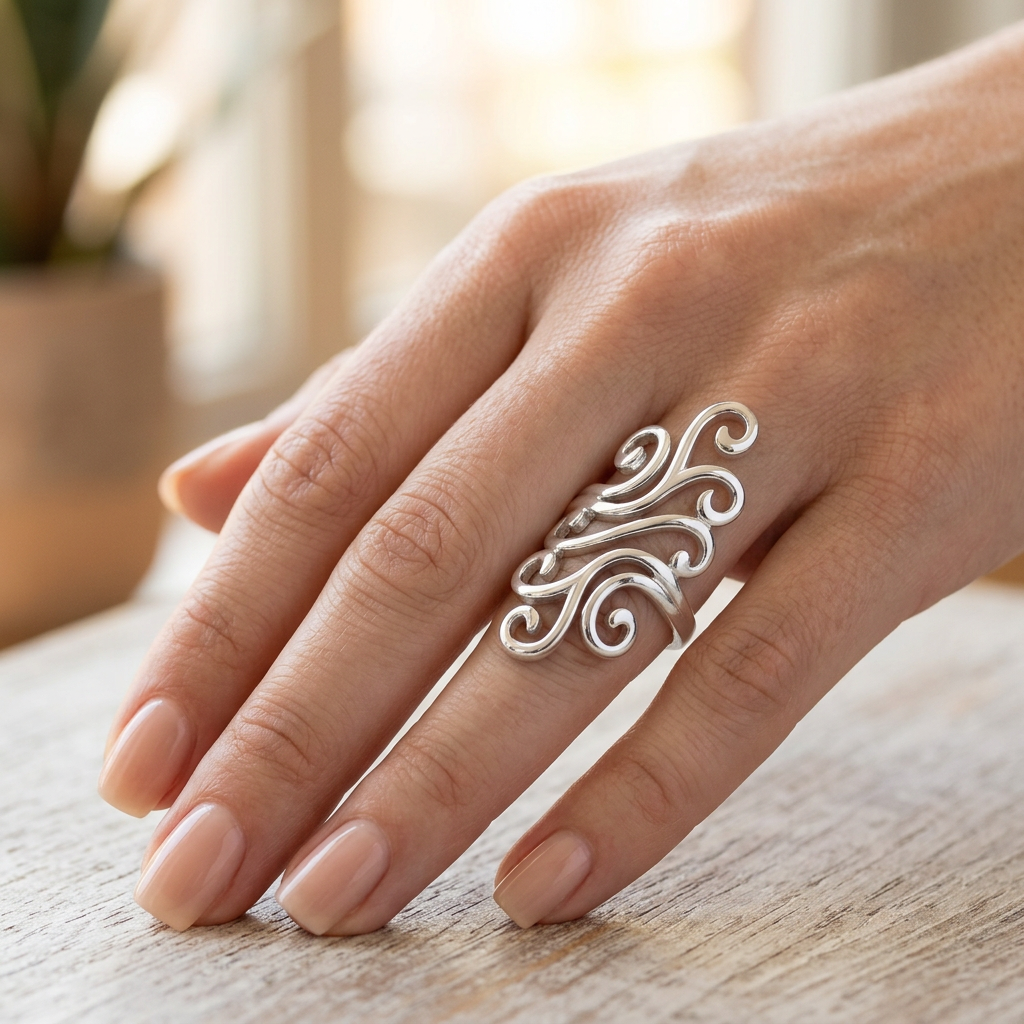 Sterling Silver Long Swirling Wind Scroll Full Finger Ring for Women model
