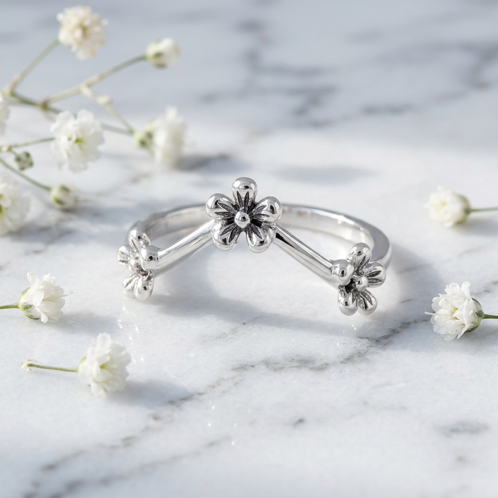 Sterling Silver 1.5mm Triple Flower Chevron V Stacking Ring for Women life1