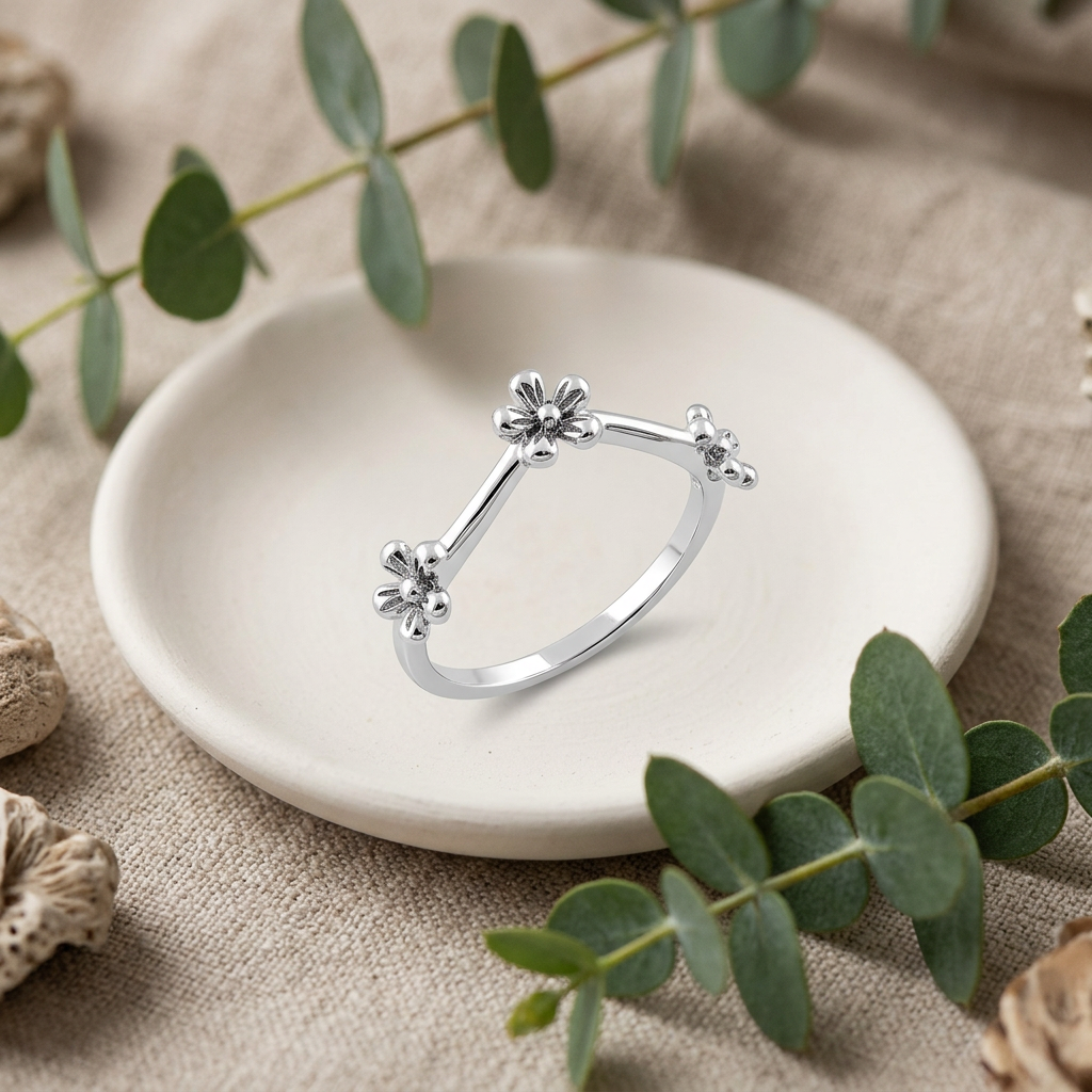 Sterling Silver 1.5mm Triple Flower Chevron V Stacking Ring for Women life2