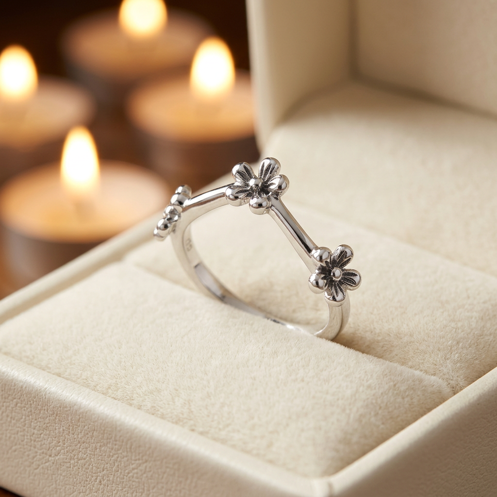 Sterling Silver 1.5mm Triple Flower Chevron V Stacking Ring for Women life3