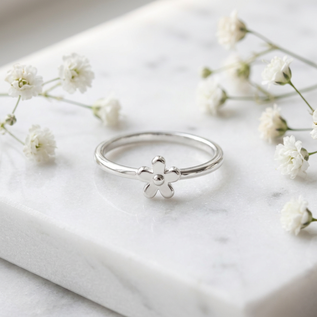 Sterling Silver 1.5mm Tiny Five Petal Flower Stacking Ring for Women life1