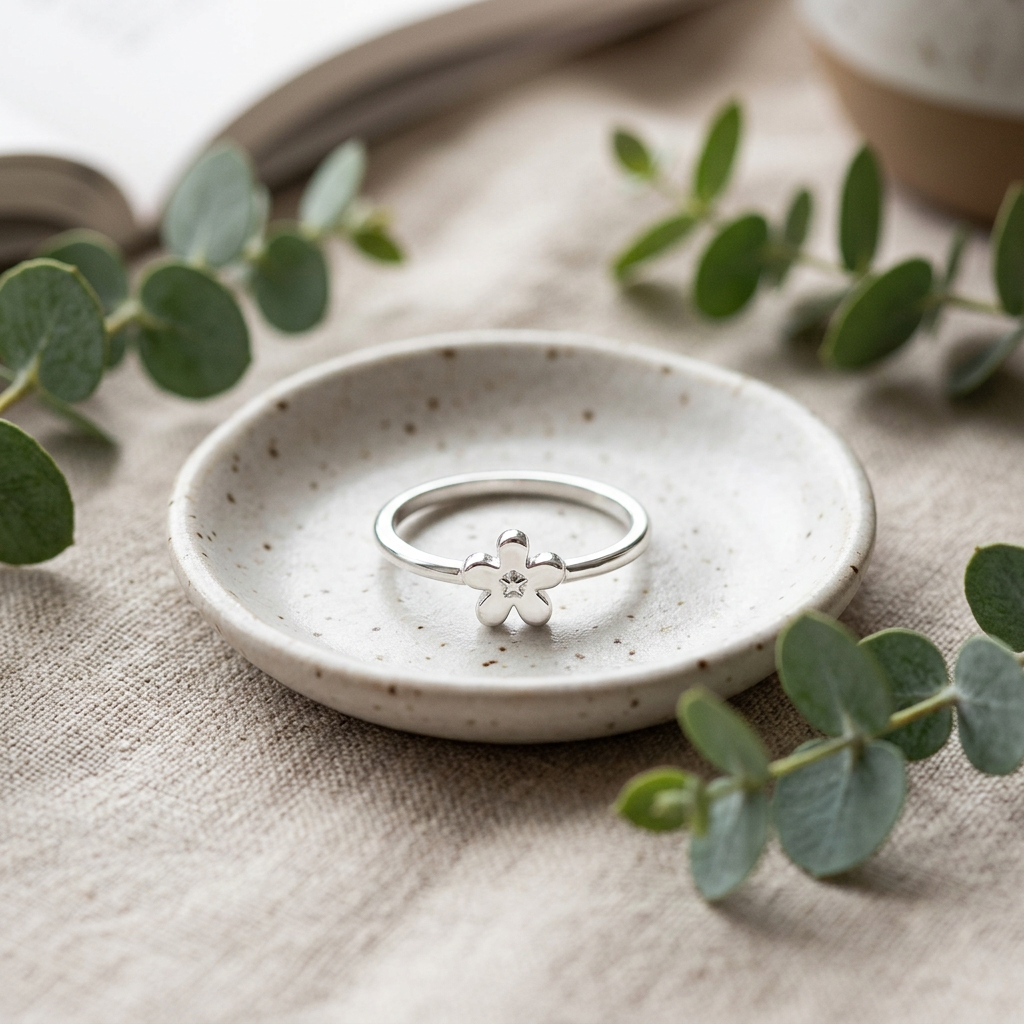 Sterling Silver 1.5mm Tiny Five Petal Flower Stacking Ring for Women life2