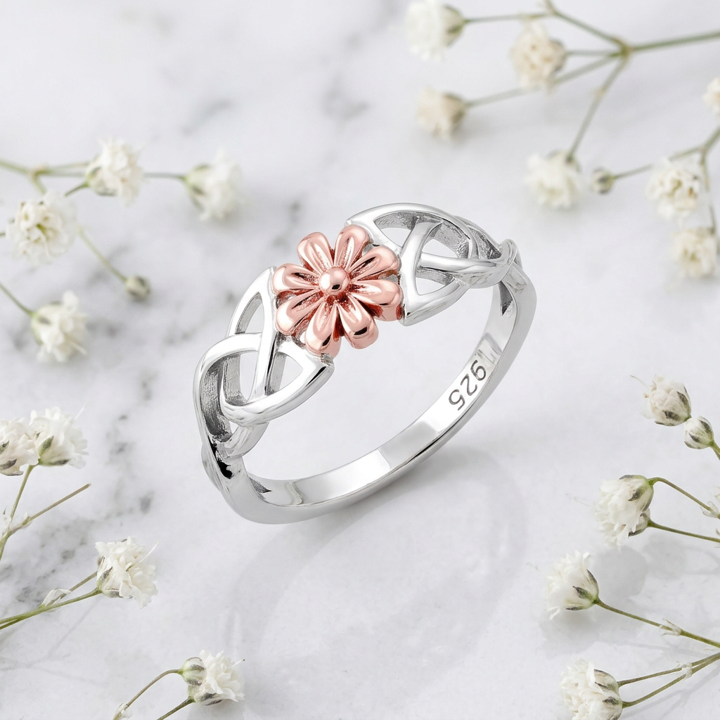 Sterling Silver 2.5mm Two Tone Celtic Knot Daisy Flower Ring for Women life1