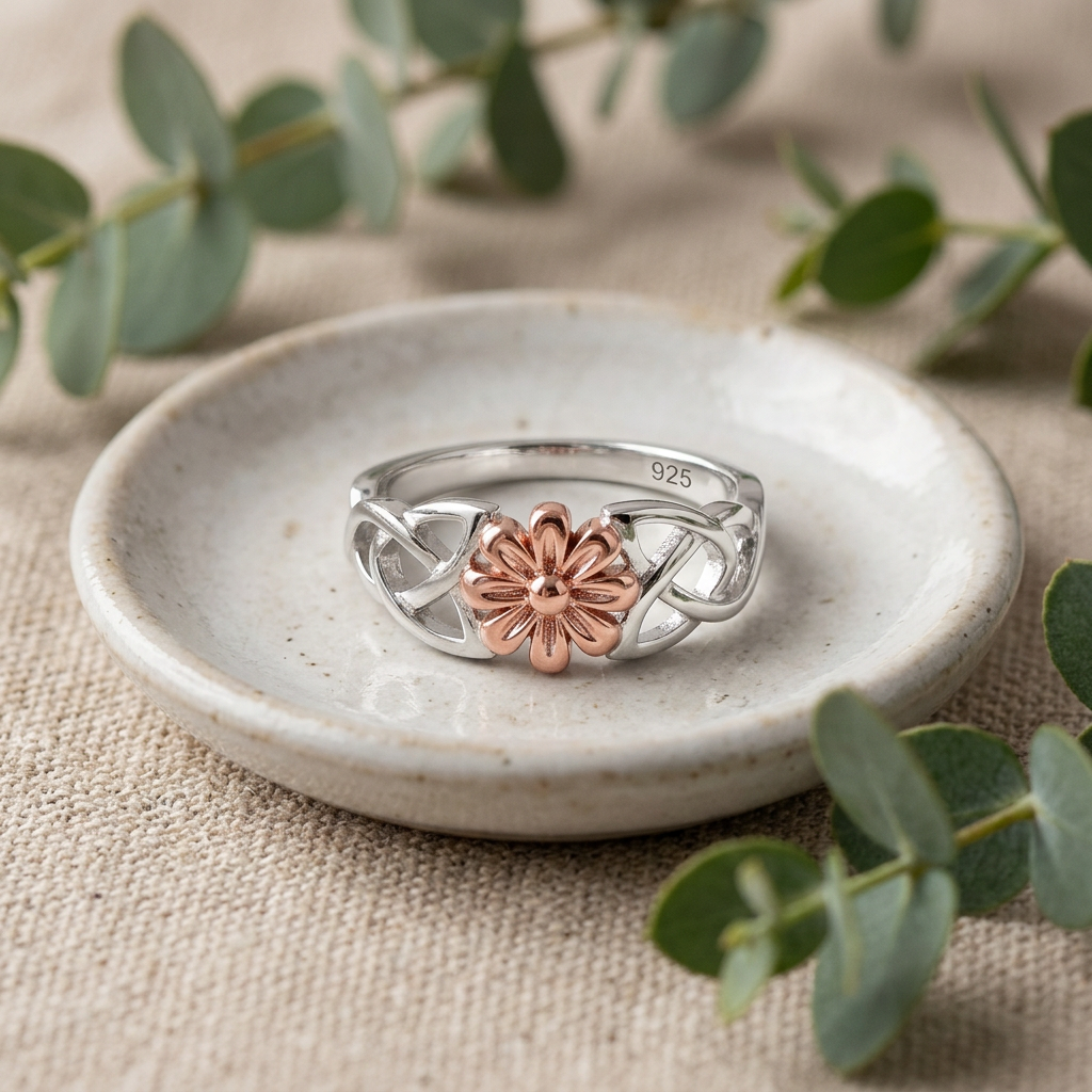 Sterling Silver 2.5mm Two Tone Celtic Knot Daisy Flower Ring for Women life2