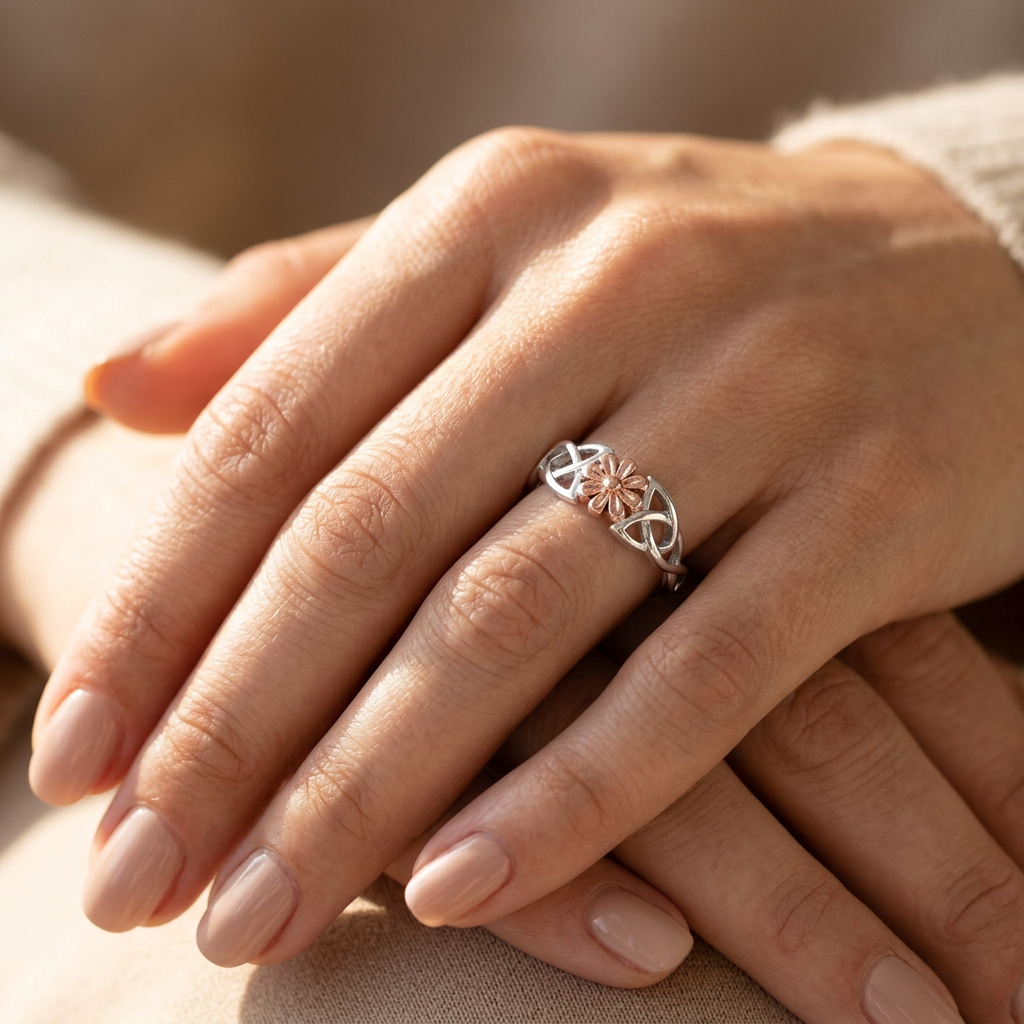 Sterling Silver 2.5mm Two Tone Celtic Knot Daisy Flower Ring for Women model