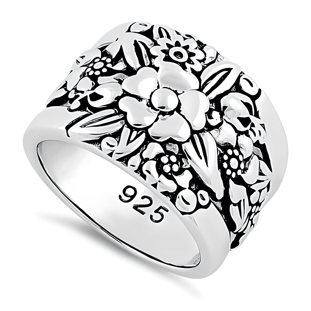 Sterling Silver Oxidized Flower Garden Wide Cigar Band Ring for Women