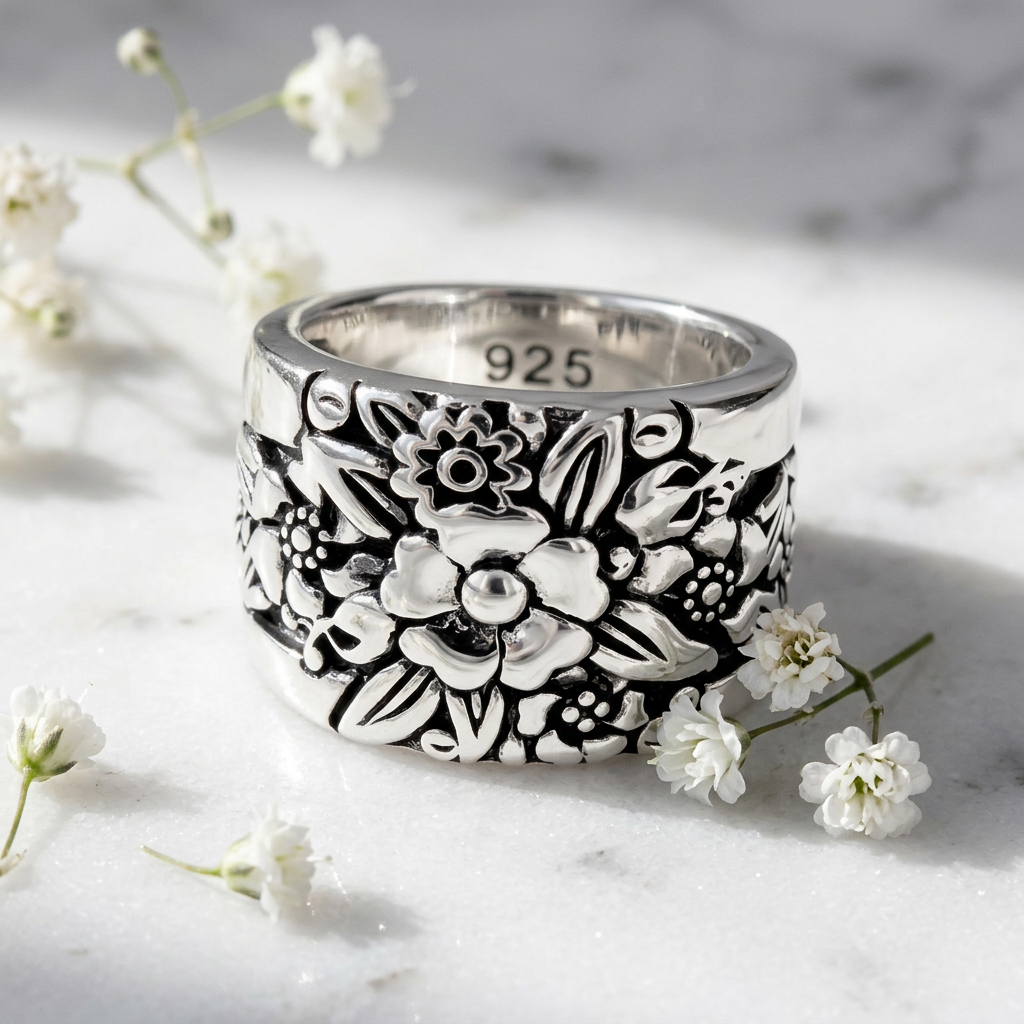 Sterling Silver Oxidized Flower Garden Wide Cigar Band Ring for Women life1