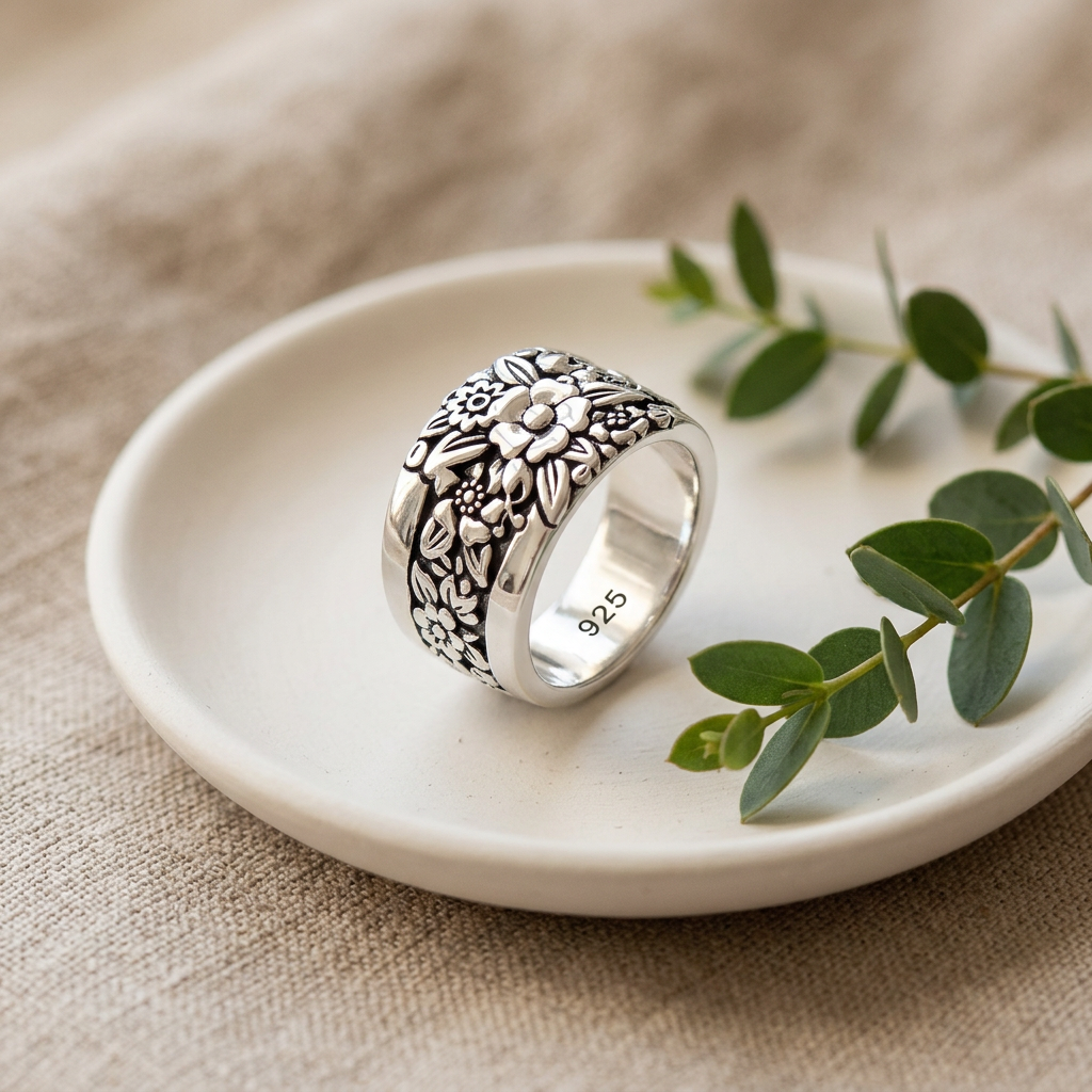 Sterling Silver Oxidized Flower Garden Wide Cigar Band Ring for Women life2