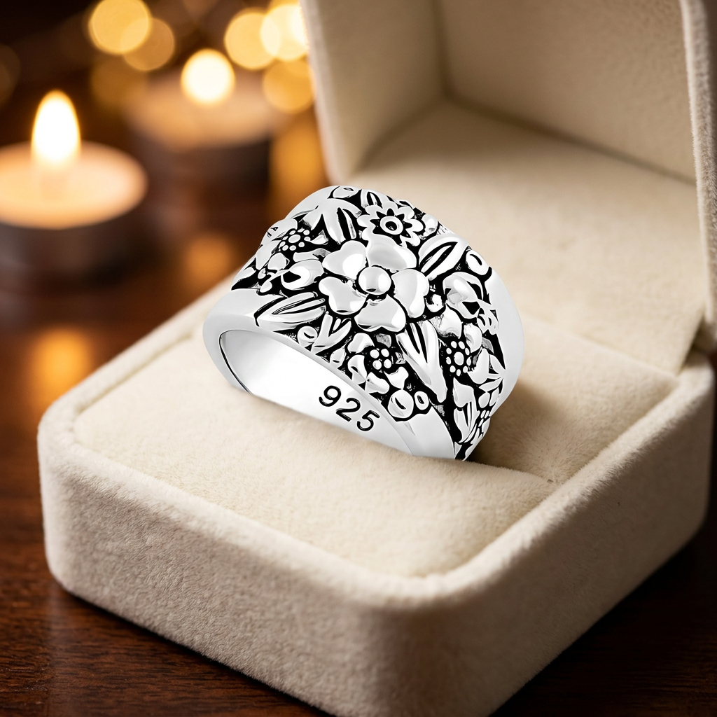 Sterling Silver Oxidized Flower Garden Wide Cigar Band Ring for Women life3