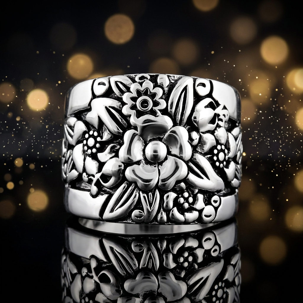 Sterling Silver Oxidized Flower Garden Wide Cigar Band Ring for Women life4