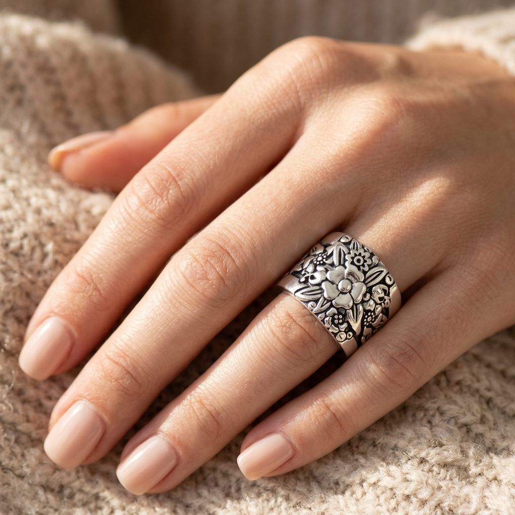 Sterling Silver Oxidized Flower Garden Wide Cigar Band Ring for Women model