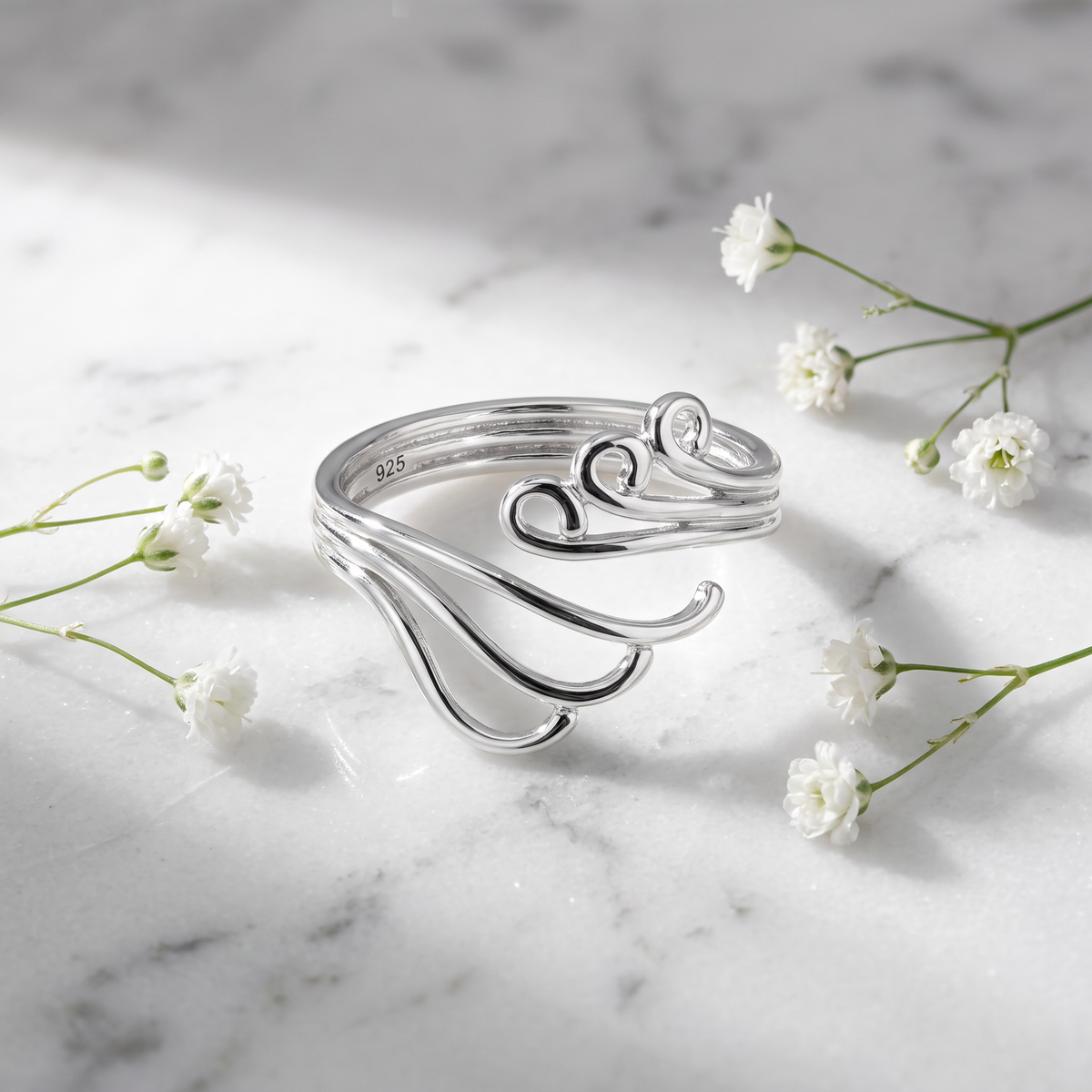 Sterling Silver 3.1mm Swirling Waves Open Statement Ring for Women life1