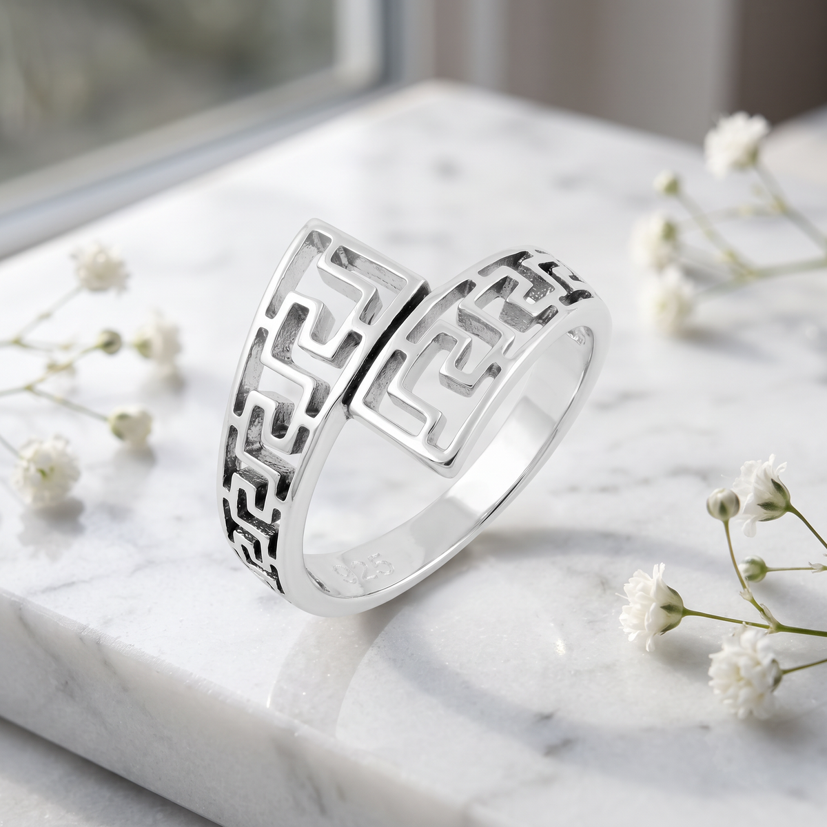 Sterling Silver 4mm Aztec Maze Cutout Bypass Statement Ring for Women life1