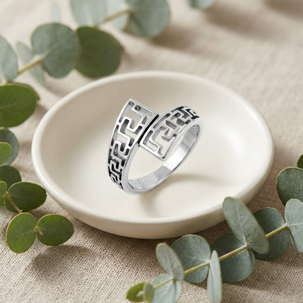 Sterling Silver 4mm Aztec Maze Cutout Bypass Statement Ring for Women life2