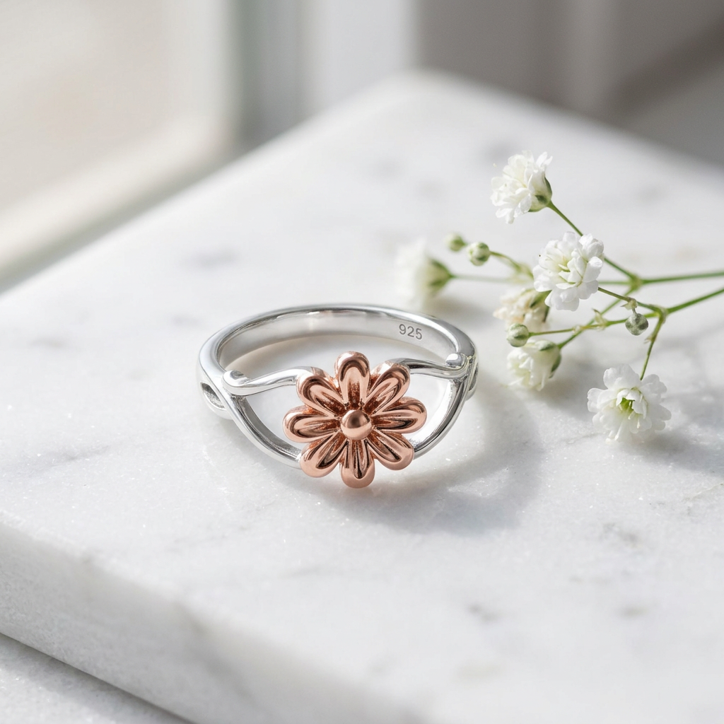 Rose Gold Plated Sterling Silver Two Tone Daisy Flower Ring for Women life1