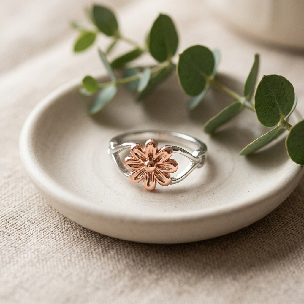 Rose Gold Plated Sterling Silver Two Tone Daisy Flower Ring for Women life2