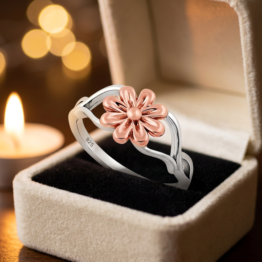 Rose Gold Plated Sterling Silver Two Tone Daisy Flower Ring for Women life3