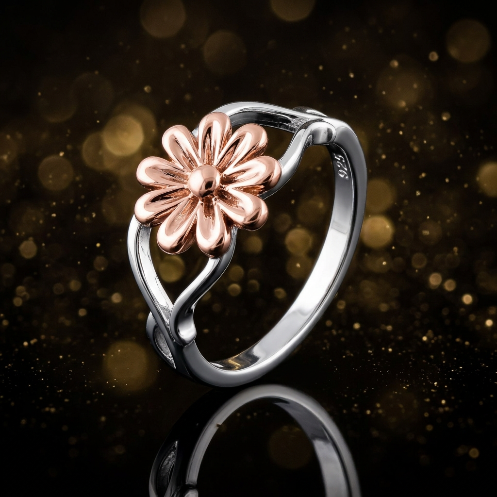 Rose Gold Plated Sterling Silver Two Tone Daisy Flower Ring for Women life4