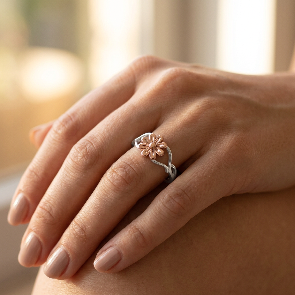 Rose Gold Plated Sterling Silver Two Tone Daisy Flower Ring for Women model
