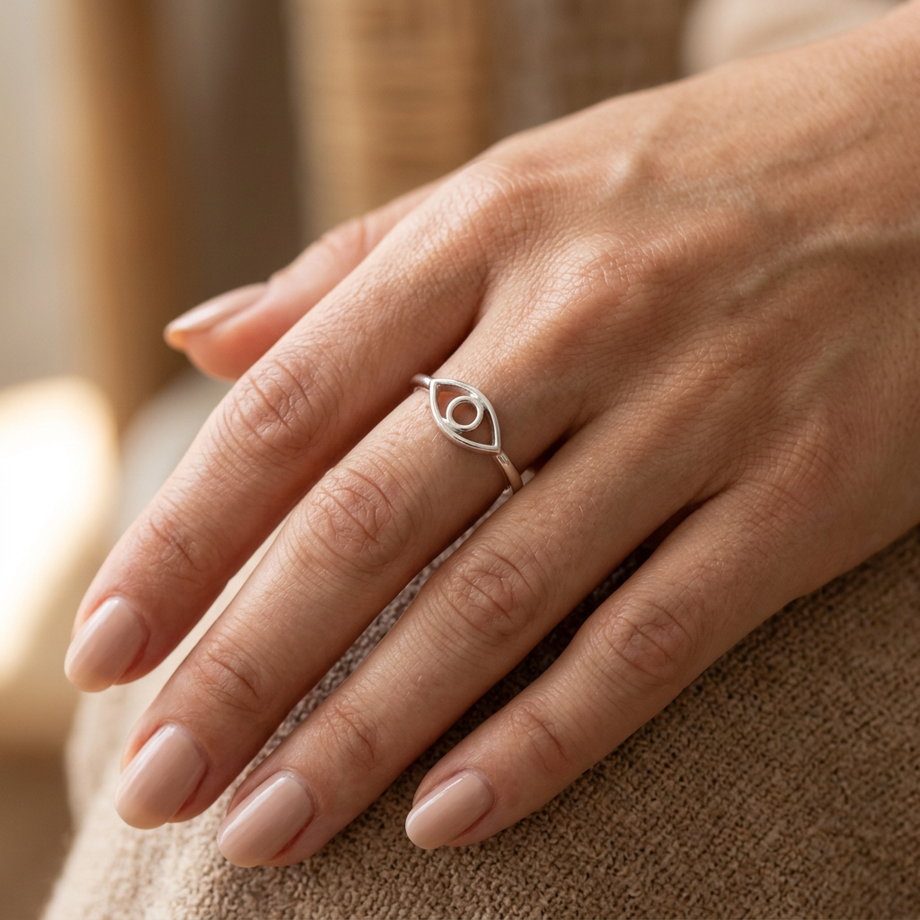Sterling Silver 1.5mm Open Evil Eye Outline Stacking Ring for Women model