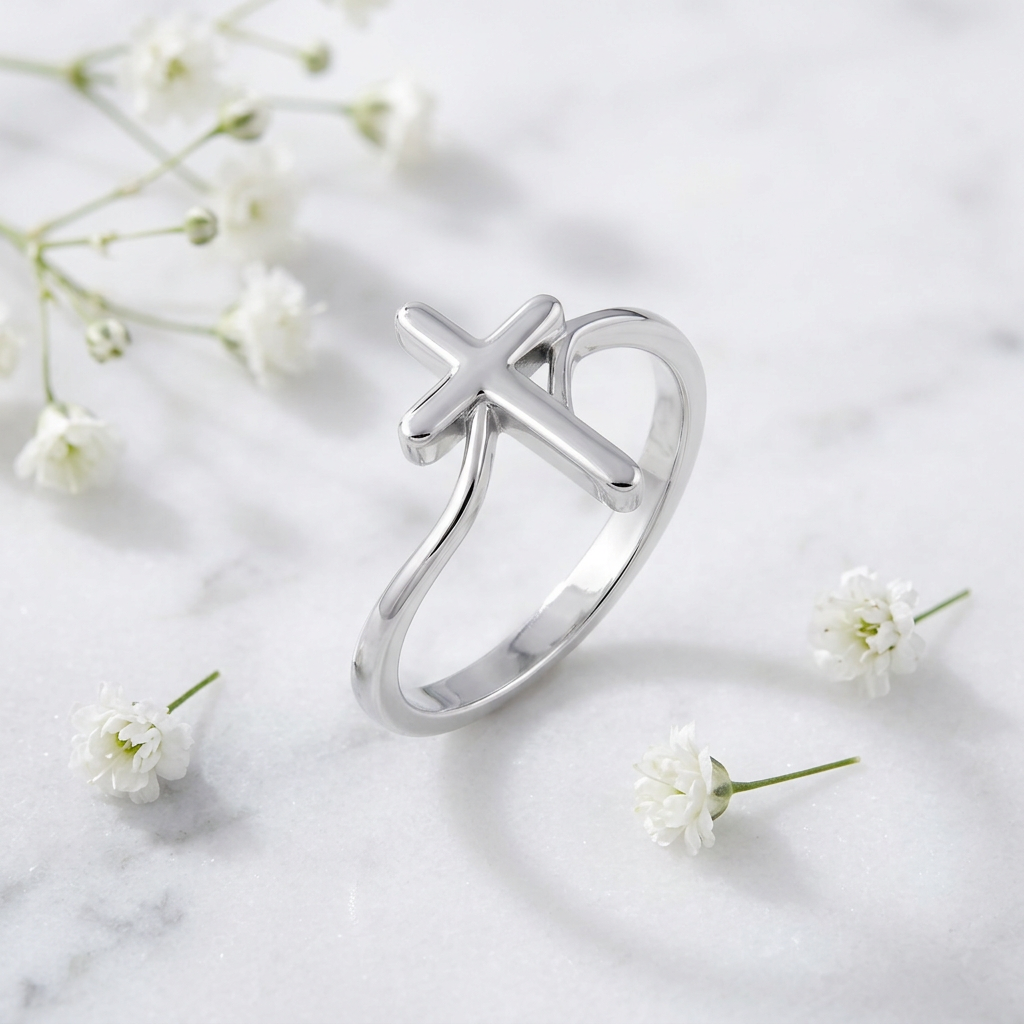 Sterling Silver 1.7mm Wave Band Cross Faith Promise Ring for Women life1