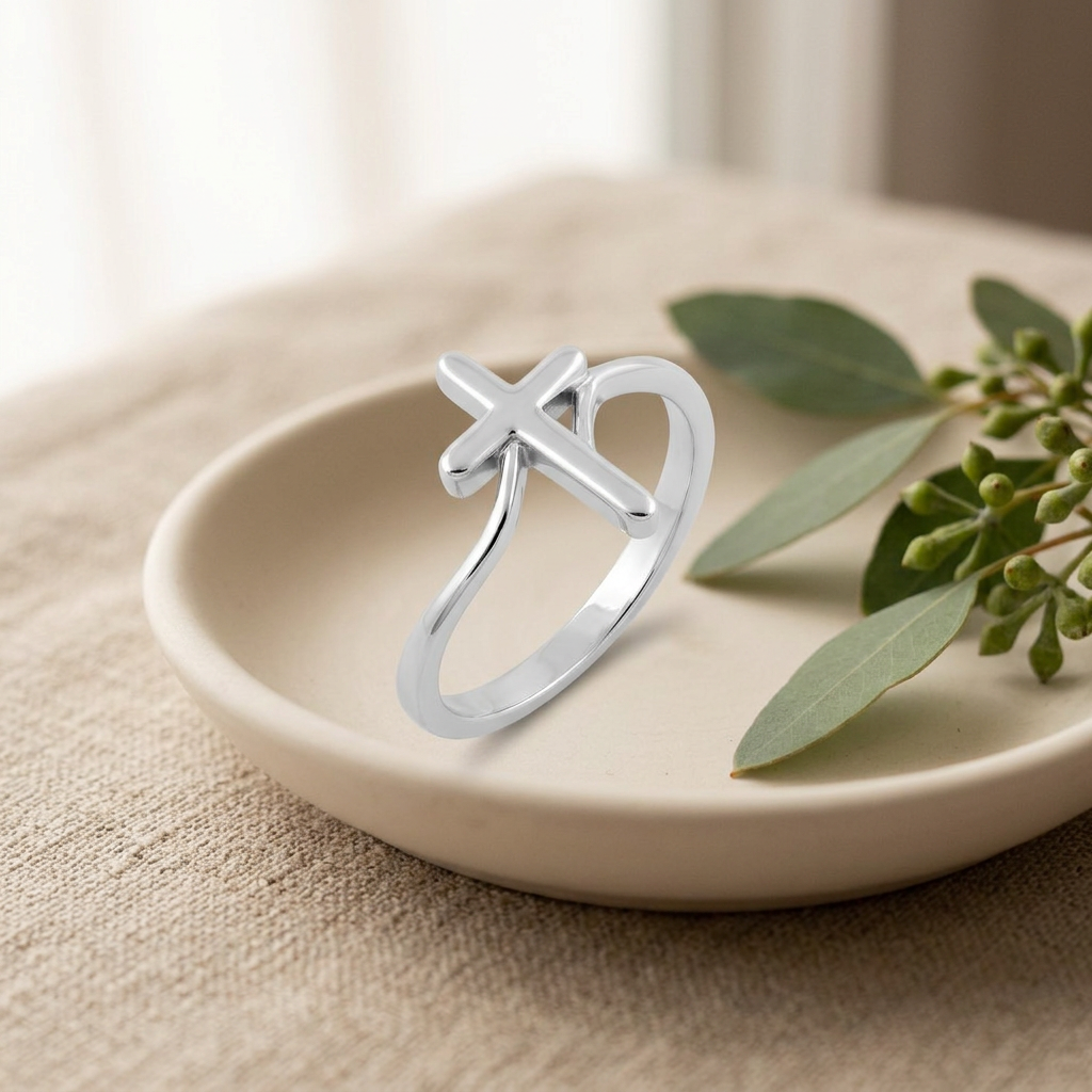 Sterling Silver 1.7mm Wave Band Cross Faith Promise Ring for Women life2