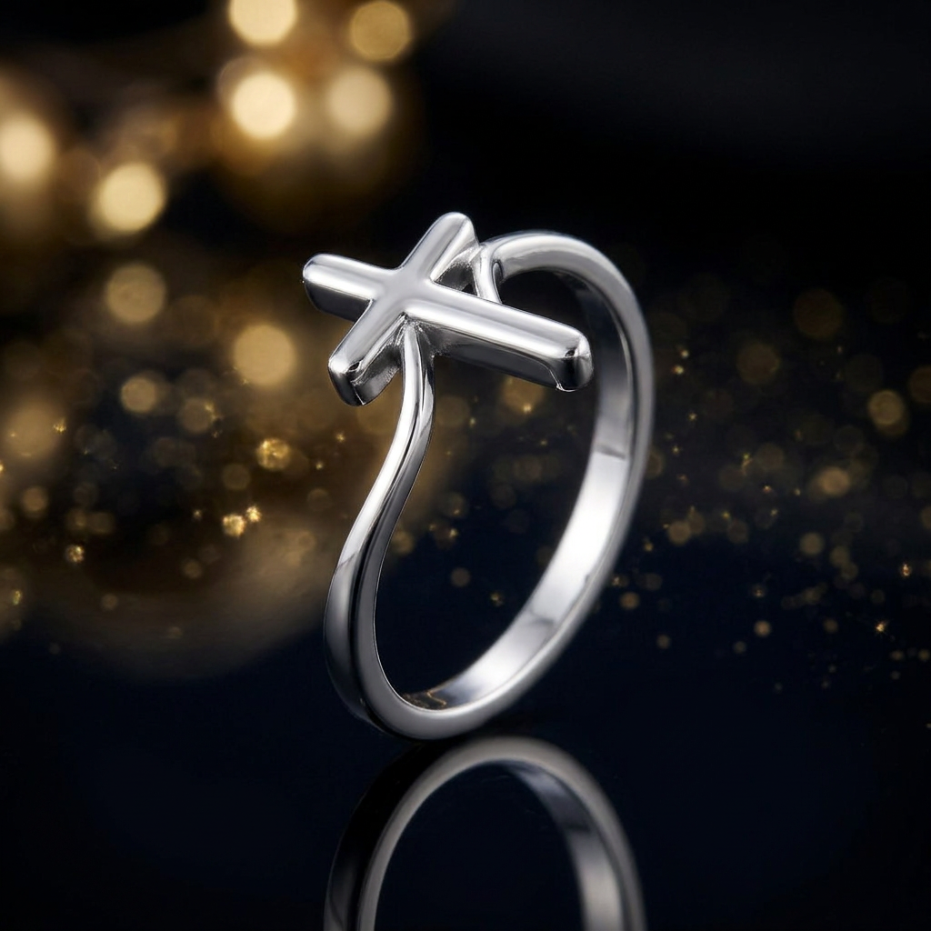 Sterling Silver 1.7mm Wave Band Cross Faith Promise Ring for Women life4