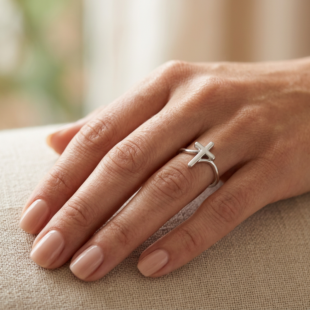 Sterling Silver 1.7mm Wave Band Cross Faith Promise Ring for Women model