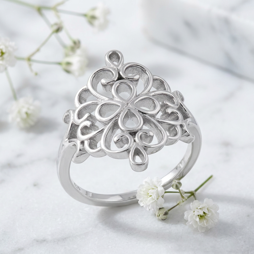 Sterling Silver 1.6mm Open Filigree Flower Medallion Ring for Women life1