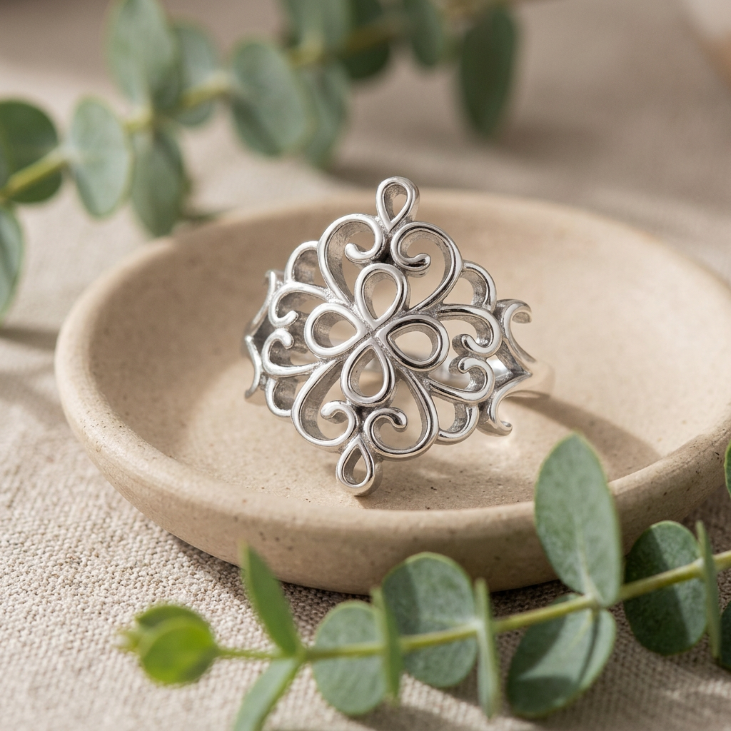 Sterling Silver 1.6mm Open Filigree Flower Medallion Ring for Women life2