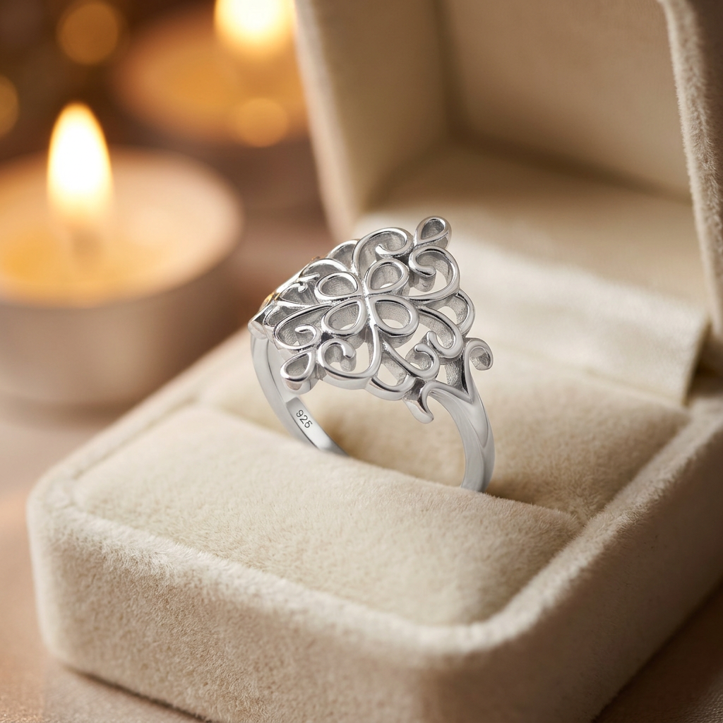 Sterling Silver 1.6mm Open Filigree Flower Medallion Ring for Women life3