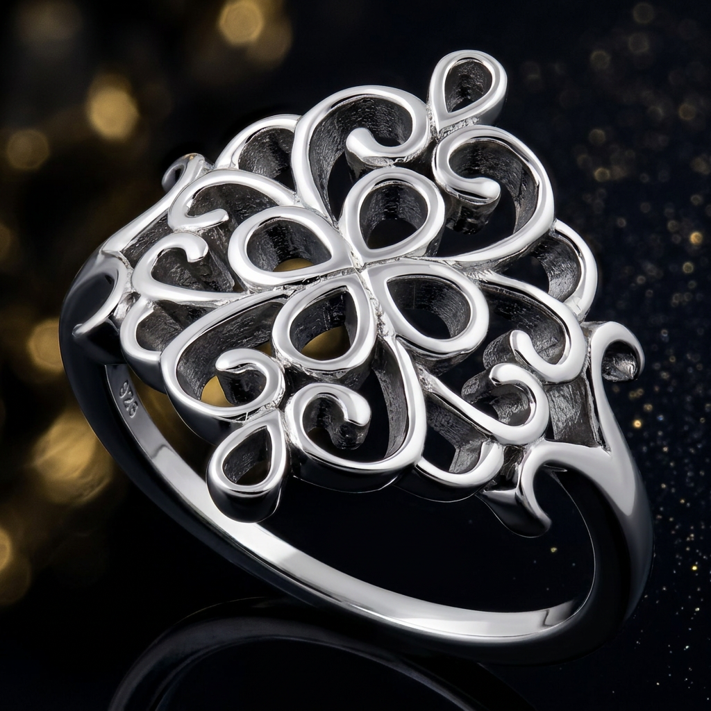 Sterling Silver 1.6mm Open Filigree Flower Medallion Ring for Women life4