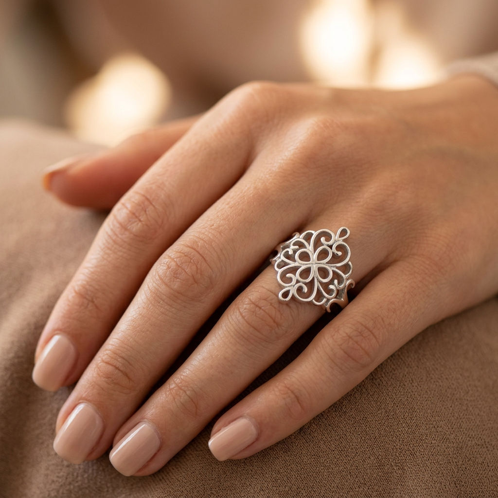 Sterling Silver 1.6mm Open Filigree Flower Medallion Ring for Women model