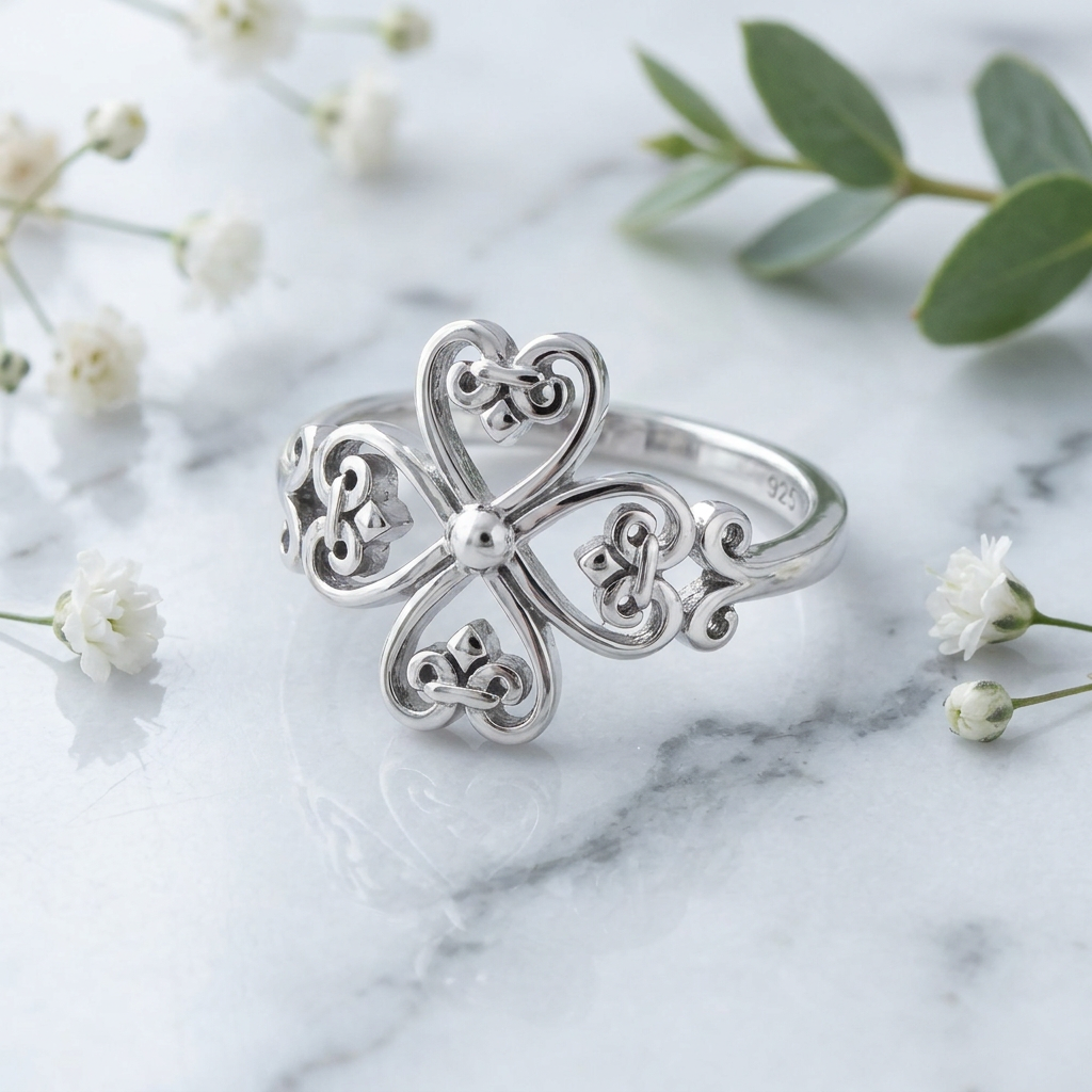 Sterling Silver Four Heart Fleur de Lis Filigree Cross Ring for Women life1