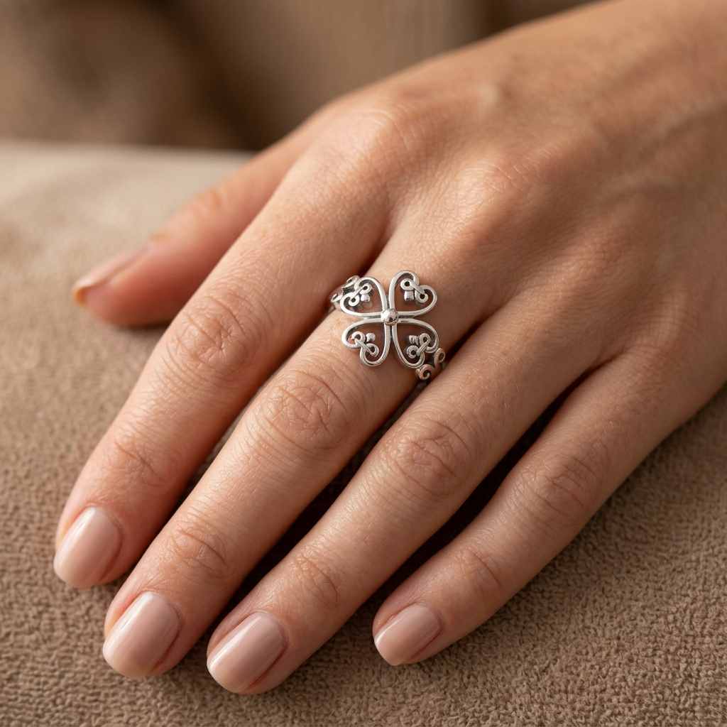 Sterling Silver Four Heart Fleur de Lis Filigree Cross Ring for Women model
