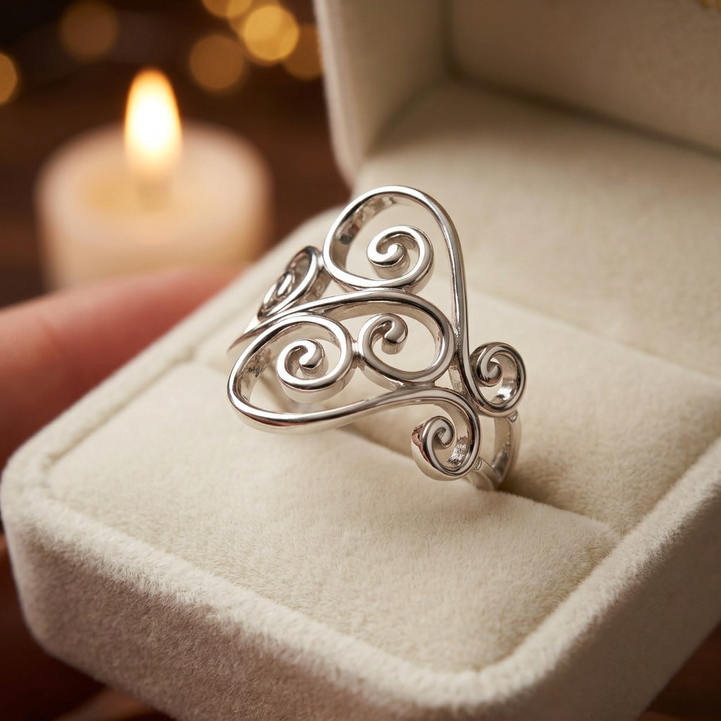 Sterling Silver 5.4mm Filigree Swirl Heart Statement Ring for Women life3