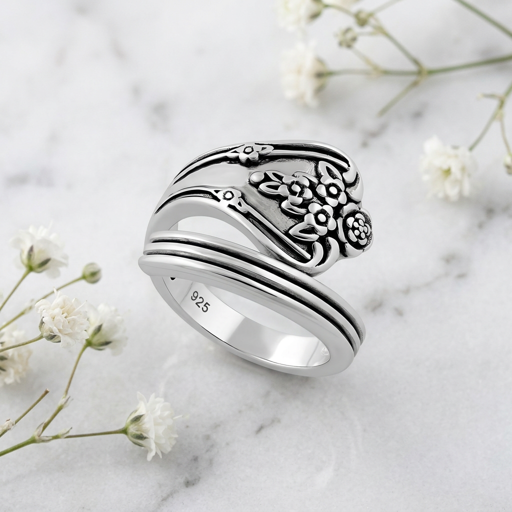Sterling Silver 4mm Oxidized Flower Bouquet Spoon Bypass Ring for Women life1