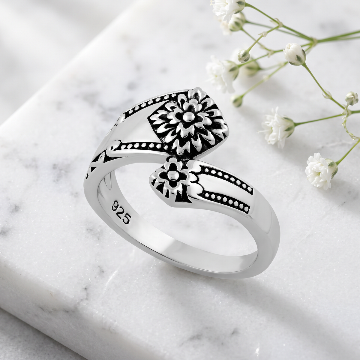Sterling Silver Vintage Spoon Style Flower Bypass Ring for Women life1