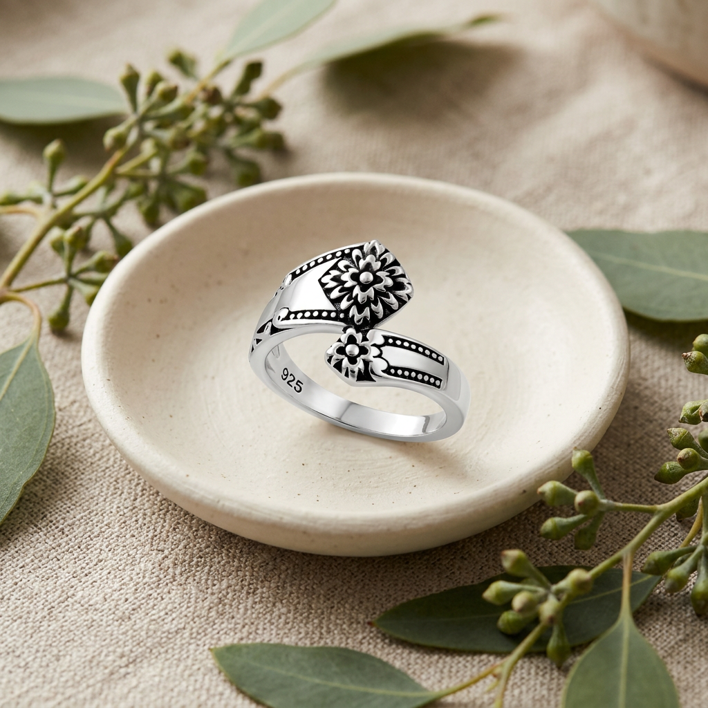 Sterling Silver Vintage Spoon Style Flower Bypass Ring for Women life2