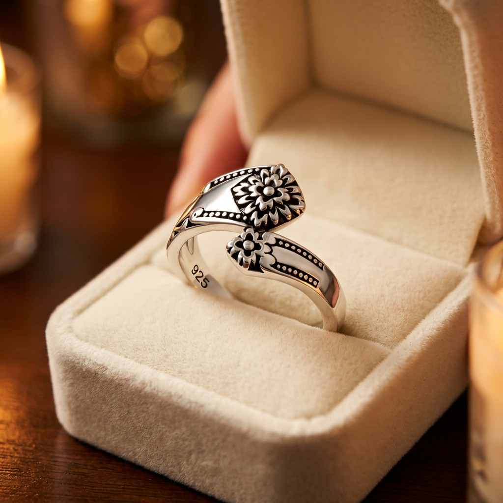Sterling Silver Vintage Spoon Style Flower Bypass Ring for Women life3