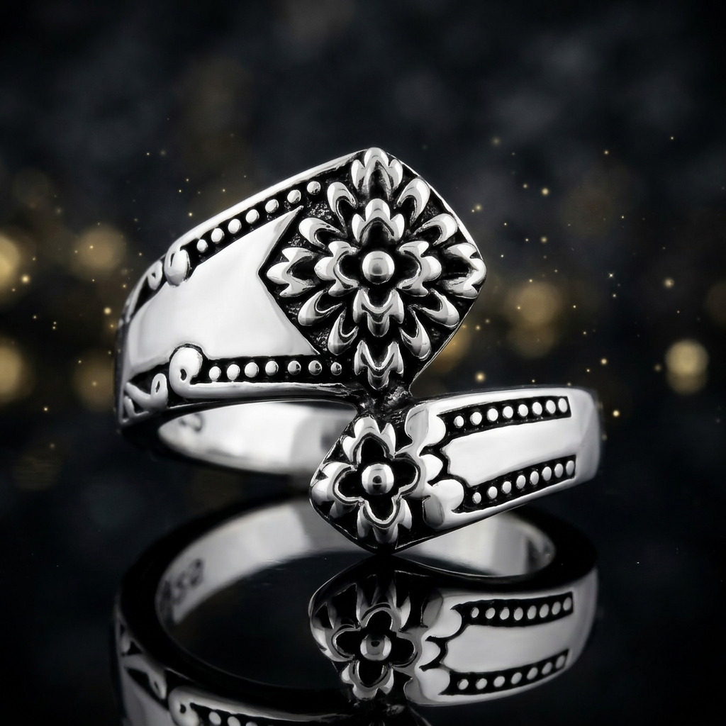 Sterling Silver Vintage Spoon Style Flower Bypass Ring for Women life4