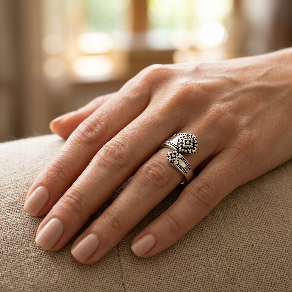 Sterling Silver Vintage Spoon Style Flower Bypass Ring for Women model