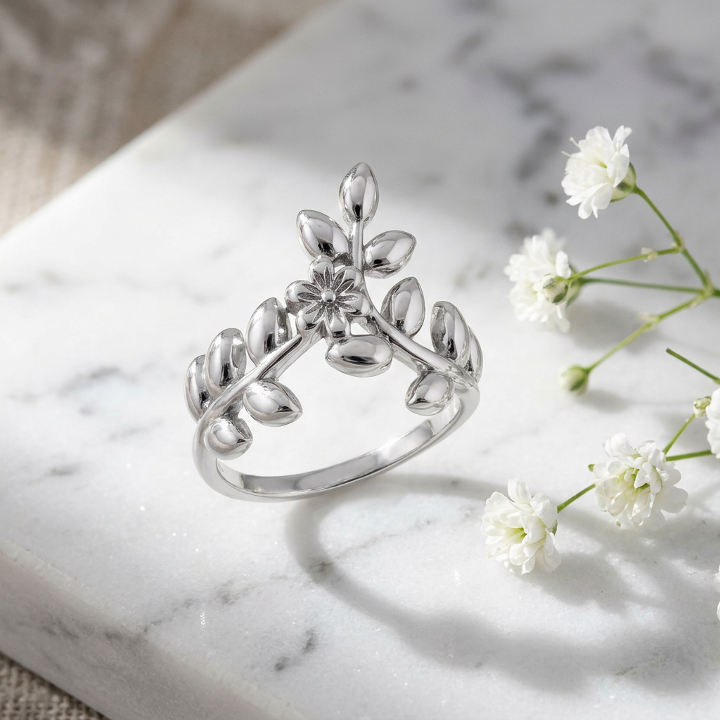 Sterling Silver 1.7mm Flower and Leaf Branch Chevron Ring for Women life1