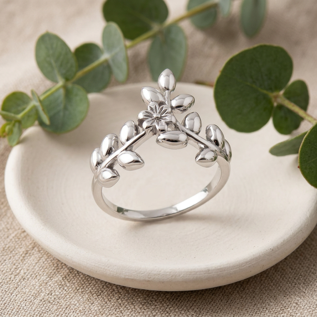Sterling Silver 1.7mm Flower and Leaf Branch Chevron Ring for Women life2