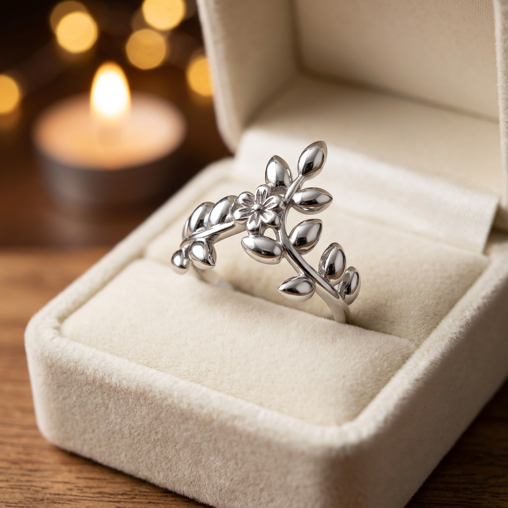 Sterling Silver 1.7mm Flower and Leaf Branch Chevron Ring for Women life3