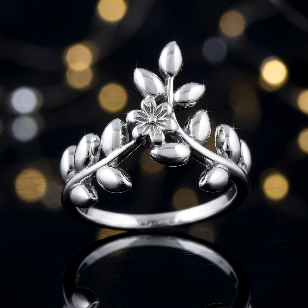 Sterling Silver 1.7mm Flower and Leaf Branch Chevron Ring for Women life4