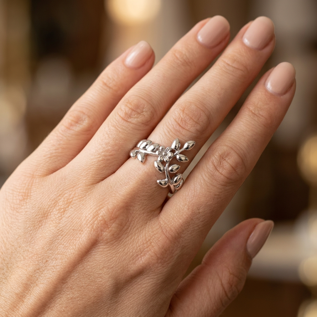 Sterling Silver 1.7mm Flower and Leaf Branch Chevron Ring for Women model