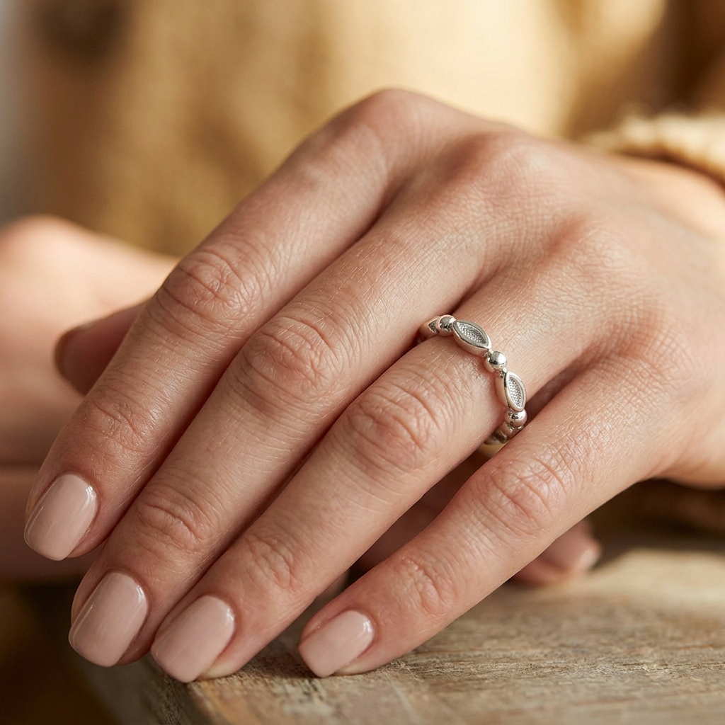 Sterling Silver Marquise and Bead Eternity Stacking Ring for Women model