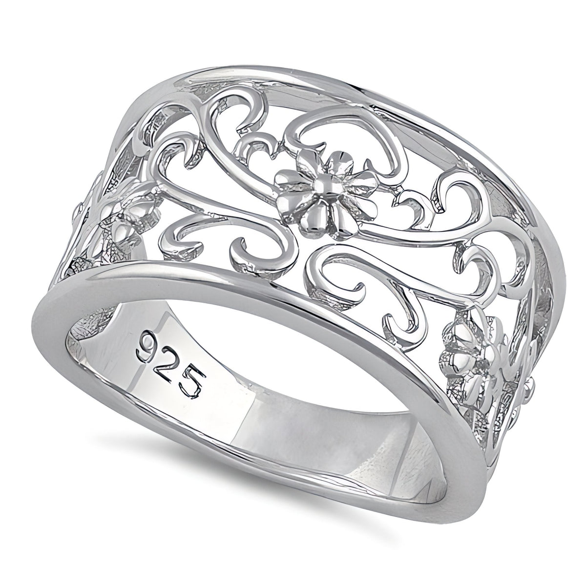 Sterling Silver 5.1mm Openwork Daisy and Heart Scroll Filigree Band Ring for Women