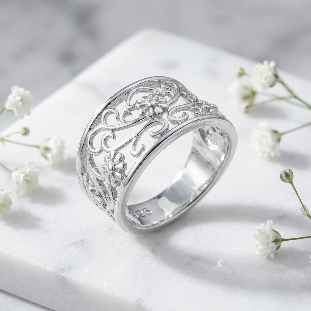 Sterling Silver 5.1mm Openwork Daisy and Heart Scroll Filigree Band Ring for Women life1